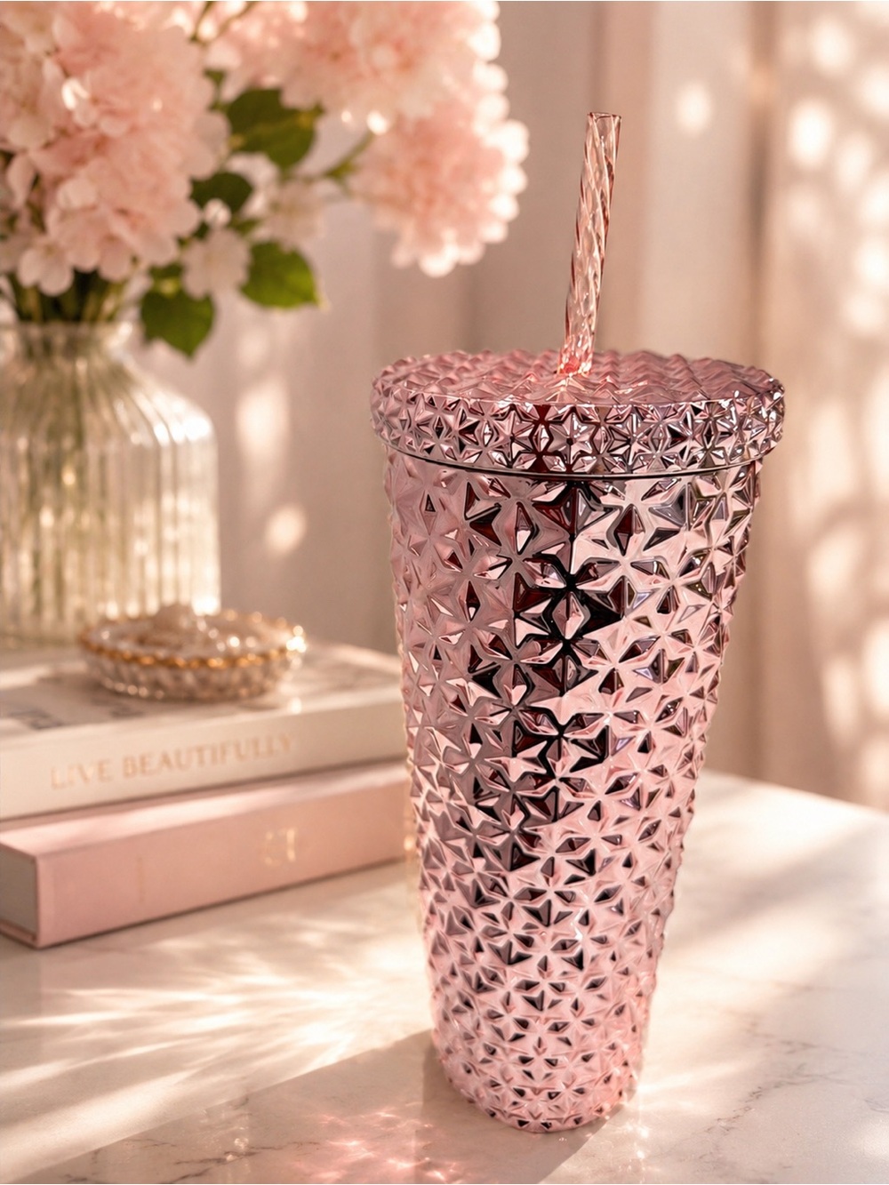 Holiday Time Pink Faceted Studded Travel Tumbler with Straw